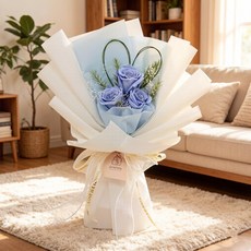 시연플라워 시들지 않는 꽃 프리저브드 3송이 장미 꽃다발 + 쇼핑백, 3블루
