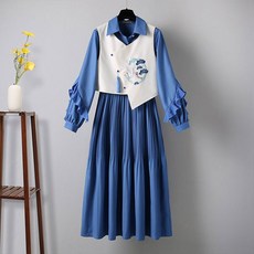 ORZQU 가을 여성 투피스 세트업 개량한복 자수 미디 원피스