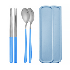 리브문 휴대용 도시락 젓가락 수저 1+1 세트, 젓가락(4p) + 수저(2p) + 케이스(2p), 블루