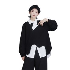 WAWAMOM 여성 블랙 언발 티셔츠 여자 언발티 비대칭 독특한 티셔츠 HJQ14