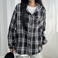 y2k 키치 후드 오버핏 체크 남방 2컬러 포켓 간절기 후드남방 봄남방 체크셔츠 학생남방