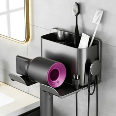 Norvee 무타공 벽부착 헤어드라이기 거치대 욕실 다기능 수납 홀더 선 정리, 회색, 1개