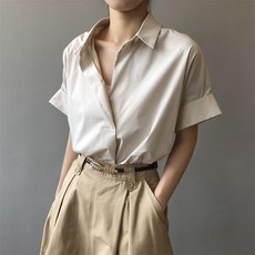 투니스 여성 빈티지 단색 루즈핏 캐주얼 반소매 셔츠