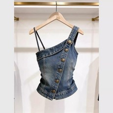 모던아이템 언발란스 아머룩 데님 오프숄더 탑 뷔스티에