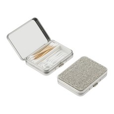 LIGHUFEIC 2팩 2-in-1 치실 및 면봉 케이스 거울 포함 - 휴대용 & 리필 가능한 피크 홀더 Q팁용 껌 용기 금속 틴 박스 케이스 면봉(블랙), Bling Silver