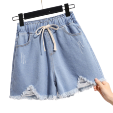 여성용 여름 빅사이즈 허리밴딩 배기 찢청 반바지 Women's denim shorts