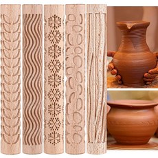 5피스 도자기 도구 수제 클레이 롤러 세트 나무 손잡이 텍스처 슬래브 잎 눈송이 패턴 14.9cm(5.9인치) 롤링 핀 도자기용