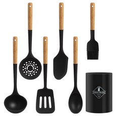 뷔이위이 조리도구 실리콘 키친툴, 블랙, 1세트, 국자+볶음스푼+뒤집개+스파츌라+브러쉬+스키머+수납통