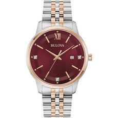 Bulova 남성용 드레스 클래식 다이아몬드 시계 3핸드 날짜 쿼츠 시계 스테인리스 스틸 팔찌 41mm 골드/그린 다이얼, Two-Tone Rose/ Burgundy Dial
