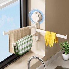 吸盤式廚房抹布架 - 洗碗槽窗台多桿可旋轉瀝水置物架 壁掛毛巾架, 【輕奢灰】吸盤軟膠毛巾桿+秒安裝,帶鉤旋轉抹布桿-1只裝, 1個