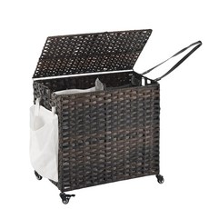 바퀴가 달린 세탁 바구니 130L(34.3갤런) 롤링 뚜껑 포함 탈착식 대형 2가지 색상 라이너 및 메시 가방 3개 측면 포켓이 있는 옷 그레이 278913, 23.62"L x 15.75"W x 21.65"H, 브라운
