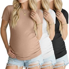 [ 1111826 ] Ficerd 여성용 임산부 셔츠 골지 면 상의 반소매 크루넥 여름 엄마 의류 3팩 카키 화이트 블랙 S