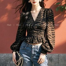 호피블라우스 플리츠블라우스 여성 V넥 벌룬 소매 블라우스