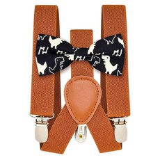 Qenidm 공룡 나비 넥타이 & 테라코타 멜빵 세트 흑백 공룡