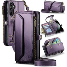 삼성 갤럭시 S23 울트라 5G RFID 차단 10개 카드 홀더 소프트 PU 가죽 자석 스냅 스트랩 지퍼 포켓 폰 케이스 울트라에 적합 - 브라운 크로스바디 지갑