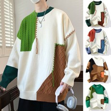 拼接補丁麻花撞色針織衫毛衣男款寬鬆秋冬保暖外套