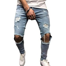 스쿼시 그립 교체 스포츠 라켓 미끄럼 방지 남성용 마이이푸-GJ 스키니 찢어진 청바지 파괴된 슬림 핏 데님 팬츠 바이커 힙합 진 바지 라이트 블루 라지, Light Blue, X-Large, 1개