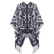 Urban CoCo 여성용 프린트 태슬 오픈 프런트 판초 케이프 랩 숄 시리즈 12-블랙 One Size 142283, 시리즈 18-네이비 블루