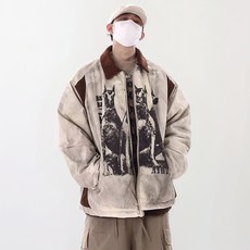 翻領寬鬆加厚棉服外套 米白色撞色拼接狗狗印花夾克 短款保暖運動棉大衣