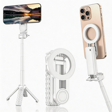 CHENZE 여행용 미니 셀카봉 블루투스 리모컨 내장 포켓형 손떨림 방지 브이로그 촬영 삼각대, 1개, 흰색, 마그네틱