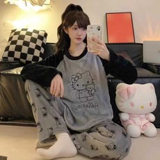 극세사잠옷 겨울용 체크 세트 바지 두꺼운 플러스 제품 슈트 파자마 소매 긴 잠옷 홈 여성용 사이즈 코랄 단색 벨벳, 1개, 39. 갈색 줄무늬 정장 XL