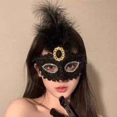 핑크바니 깃털 장식 레이스 파티 가면 마스크 코스프레 소품, 1개, 블랙