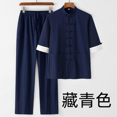 唐裝男 七分袖兩件套 中式盤扣服裝 藏青色
