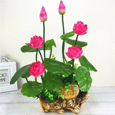 仿真荷花蓮花套裝 塑料假花家居裝飾擺件, 1個, 茶壺盆PU荷花玫紅