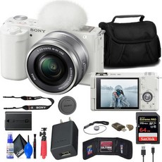 소니 ZV-E10 미러리스 카메라 16-50mm 렌즈 블랙 ILCZV-E10LB 64GB 메모리 카드 리더기 케이스 플렉스 삼각대 지갑 캡 고리 세척 키트 리퍼비시, White, Retail
