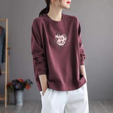 AOKADA 여성 라운드 루즈핏 봄 가을 순면 긴팔 맨투맨 티셔츠