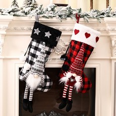 聖誕格子小矮人造型襪子裝飾品，聖誕樹裝飾，壁爐裝飾，節慶裝飾, 1個, 黑色