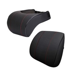 汽車頸椎腰靠墊套裝，人體工學記憶棉，透氣皮革，舒適支撐，緩解疲勞, 皮革黑, 1套, 頭腰靠墊組