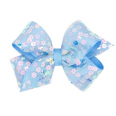 [ 1274906 ] 위 원스 여아용 미디엄 스프링 스팽글 플라워 튤 그로그랭 오버레이 헤어 리본 위스테이 클립 핸드메이드 블루