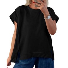 Tankaneo 여성용 오버사이즈 캡 슬리브 티셔츠 크루넥 사이드 슬릿 탑 여름 캐주얼 루즈핏 티셔츠 튜닉 셔츠 레드 XXL