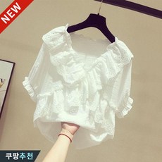 (Top-1 추천) 빅사이즈 여성 레이스 프릴 셔링 브이넥 블라우스 반팔 티셔츠 여름 편한 프렌치 입체 레이어드 패션 심플 단아한 기질 이쁜 데일리 코디 고급 상의 바캉스 티