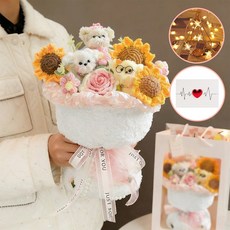 Colvani 댕댕이 인형 꽃다발 기념일 마음전하는 선물 쇼핑백 카드 포함, 1개, 핑크