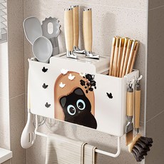 中古風壁掛式筷子筒免打孔廚房收納架刀具餐具收納盒桌面置物架居家生活好物, 1個, 推窗見貓廚房壁掛式免打孔筷子筒-米白色