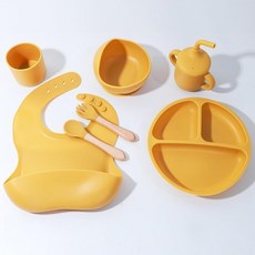 兒童輔食盤矽膠餐具套裝 嬰兒吸盤式食品級矽膠碗 附圍兜勺水杯, 黃色禮盒裝, 1個