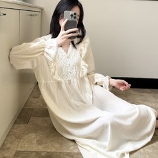 임산부 긴팔 잠옷 원피스 봄 가을 임부 레이스 장식 실내복 원피스 임부용 우아한 홈웨어 YLP