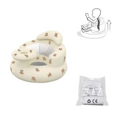 천막 내장형 에어 펌프가 있는 인플레이터블 베이비 시트 빠른 설치 부드러운 쿠션 바닥 의자 튼튼한 베이스 안전 하네스 3개월 이상용 플레이풀 파스텔 컬러 화이트베이지그레이 앉, 2)만화 곰