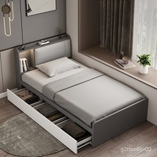 JCBW現代簡約單人床，家用出租房儲物床，榻榻米床箱帶燈小戶型1.2m闆式實木床架, 單床+椰棕床墊,1200mm*2000mm箱框結構