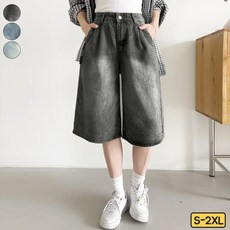 가비진 여성용 워싱 데님 버뮤다 허리 조절 5부 데님팬츠 청반바지 바지 팬츠 반바지