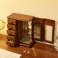 復古木質飾品收納櫃 珠寶首飾展示盒 戒指耳環收納架, 1個, 深色款, 深色款