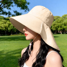 大帽檐防曬遮陽帽 女款夏季防UV護脖頸太陽帽, 米色披肩遮陽帽（可紮馬尾）