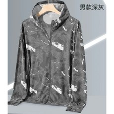 深灰色迷彩輕薄透氣運動外套，全拉鍊連帽長袖防曬外套