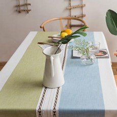 마벨인홈 북유럽 스타일 고급 린넨 식탁보, 블루그린매듭+태슬, 4인용(180cm x 150cm), 1개