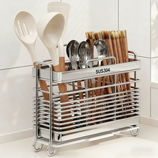Shipshape 주방 304 스텐 자동 물빠짐 수저꽂이 수저통 식기 보관 3구, 1개, 실버