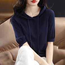 ORZQU 여름 여성 반팔 얇은 솔리드 캐주얼 후드 풀오버 니트 후드