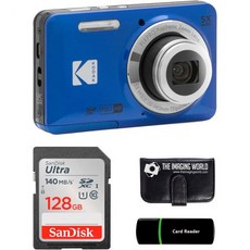 코닥 픽스프로 FZ55 블랙 16MP 디지털 카메라 5X 광학 줌 28mm 광각 1080P 풀 HD 비디오 2.7인치 LCD 128GB 카드 및 리더 메모리 지갑, Blue
