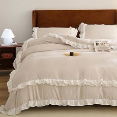 Jolusere 화이트 러플 이불 커버 트윈 용 섀비 시크 팜하우스 침구 세트 2피스 100% 워싱 극세사 보헤미안 빈티지 지퍼 잠금 코너 타이 베개 1개 183355, Beige Xhzk